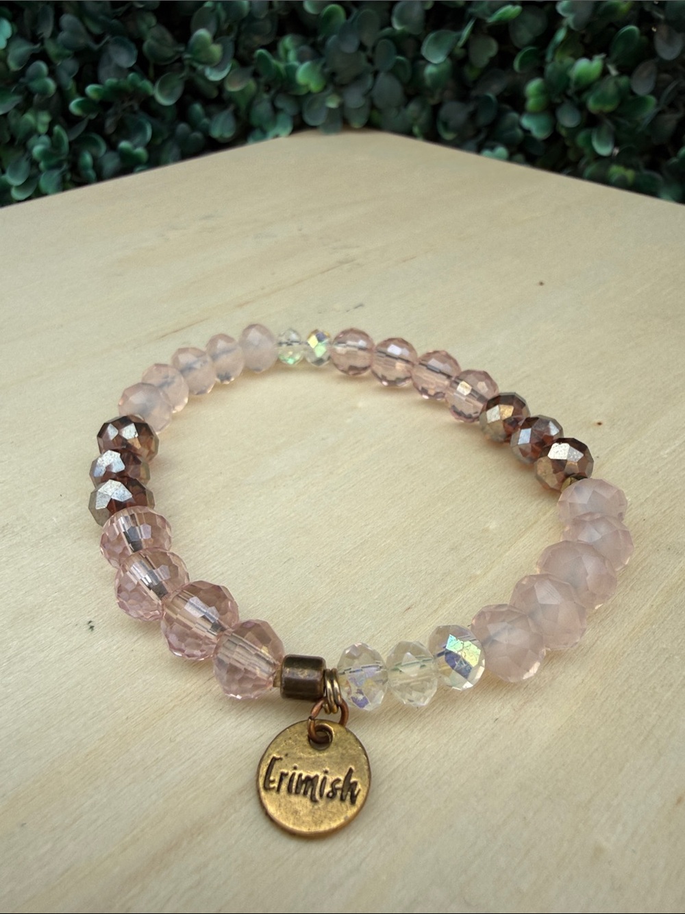 Erimish Blush Pink Faceted Bead Stretch Bracelet with Gold Charm